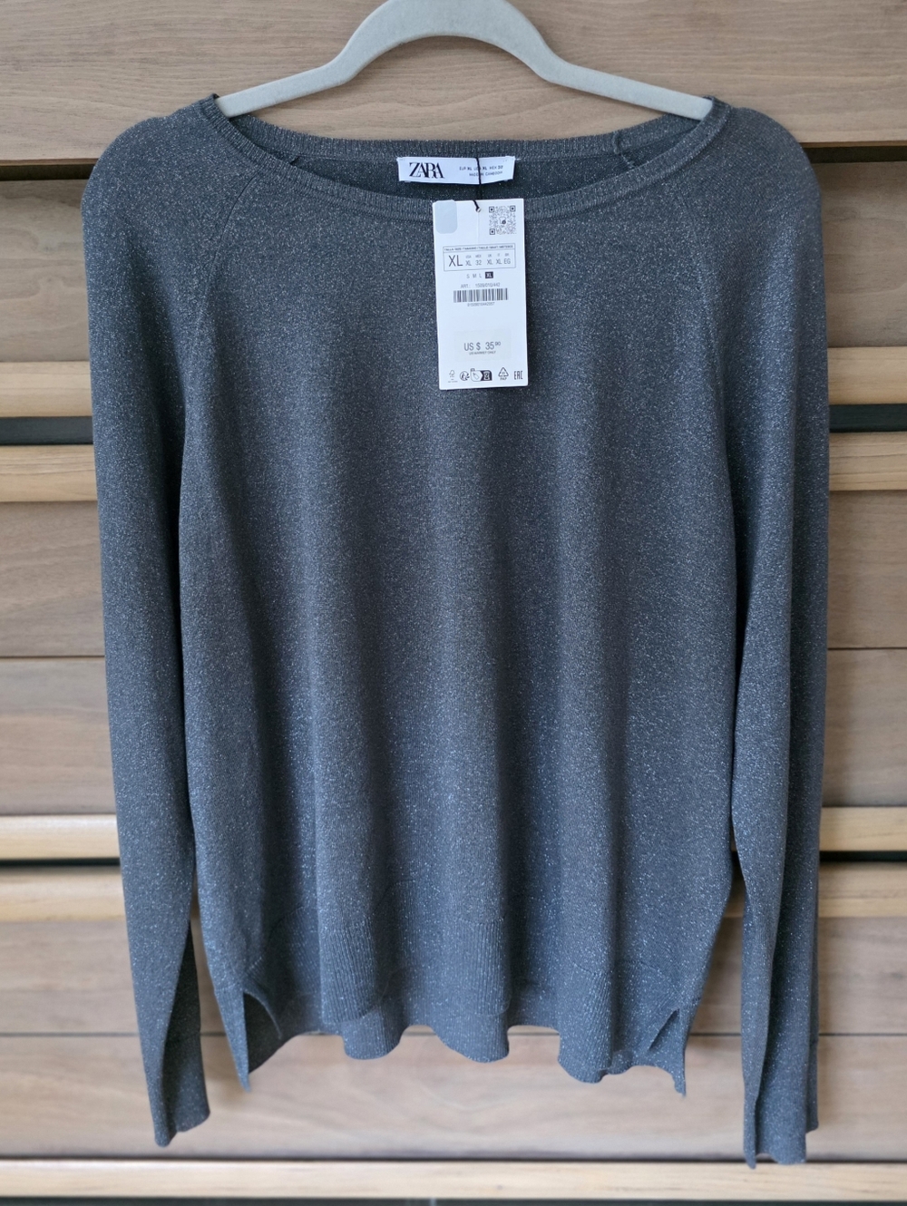 Zara Sparkle Silver-Gray Scoop Neck Sweater NWT
